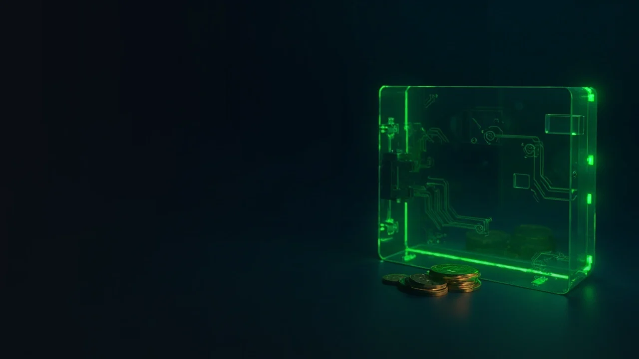 A glass vault with glowing lime green lines and blank metal coins on a dark navy background.