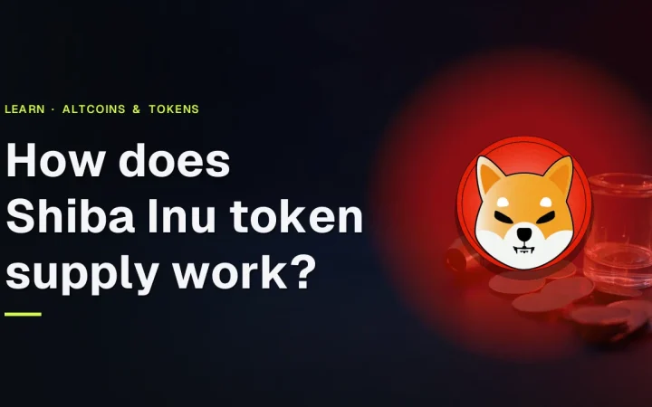 The title How does Shiba Inu token supply work with the Shiba Inu logo over a dark background of blank tokens and a glass cylinder.
