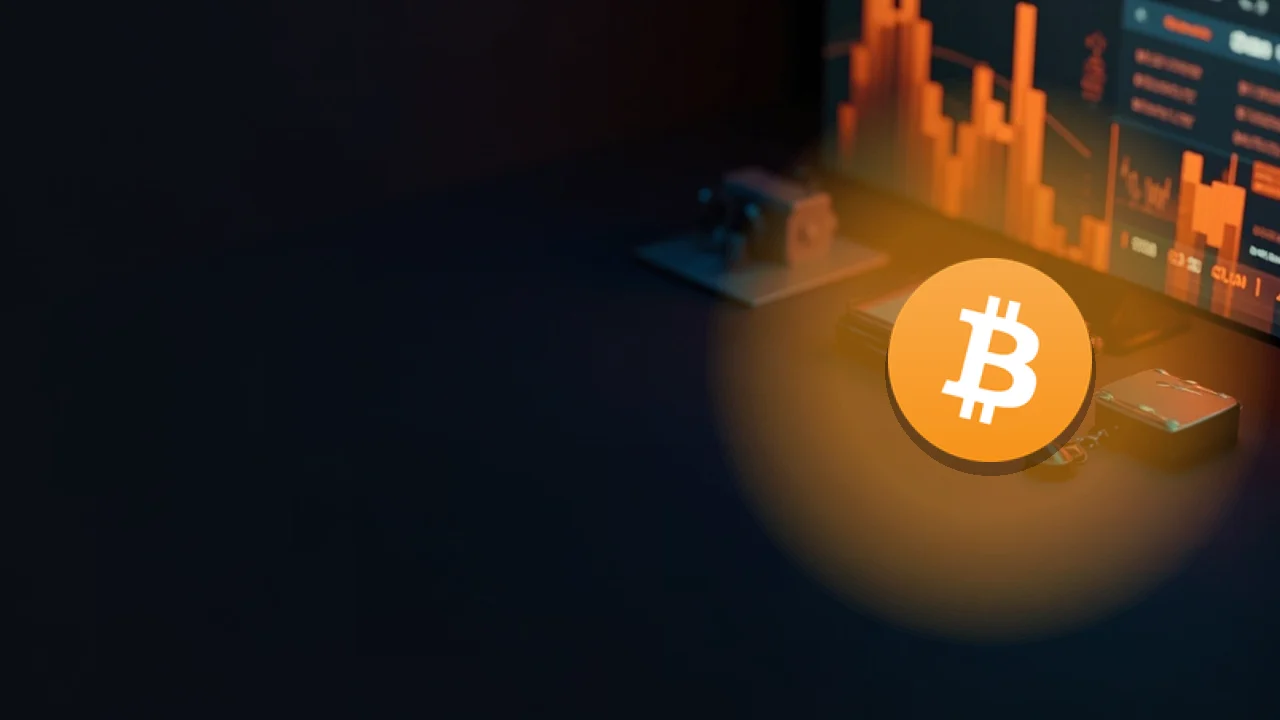 Das Bitcoin-Logo über einem dunklen Schreibtisch mit einem Monitor, der orange Charts zeigt, einer Hardware-Wallet und einem Vorhängeschloss.