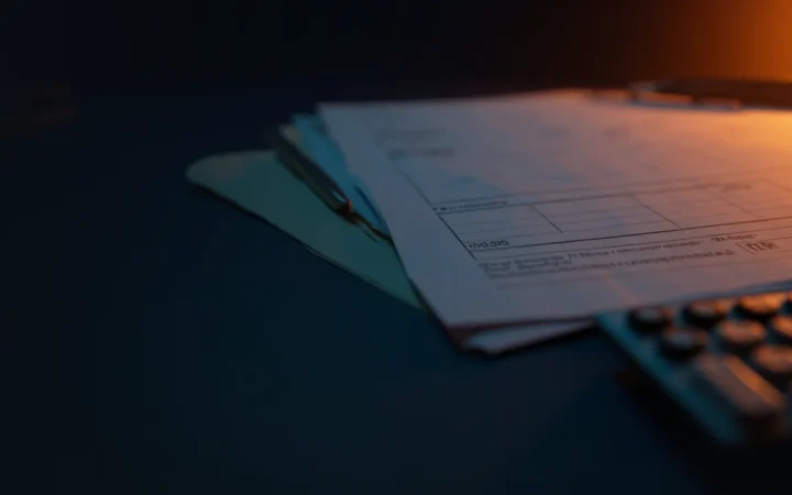 暖かいオレンジ色の光の下、空白の税務書類、電卓、ペンが置かれた暗い机。