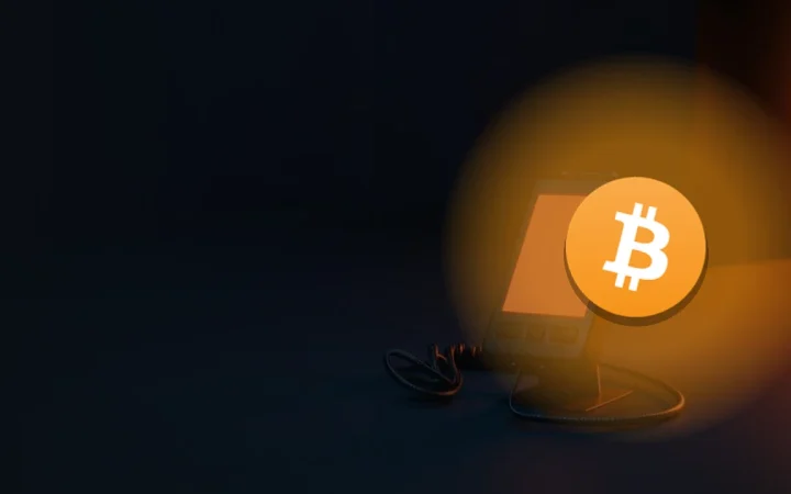 Bitcoin-logoet over et mørkt skrivebord med en tom glødende kortlæser og orange lys.