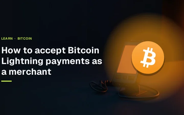 The title How to accept Bitcoin Lightning payments as a merchant, the Bitcoin logo, and a dark desk with a blank glowing card reader and orange light.