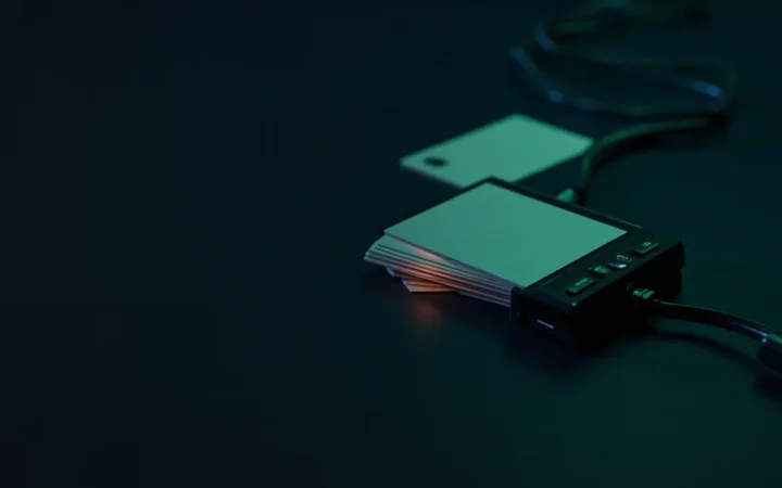 Un escritorio azul marino oscuro con tarjetas de pago en blanco, un terminal y un cable, iluminado por un resplandor verde lima.