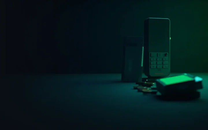 Un bureau sombre avec un terminal vide, un portefeuille matériel et des pièces dans une lumière vert lime.