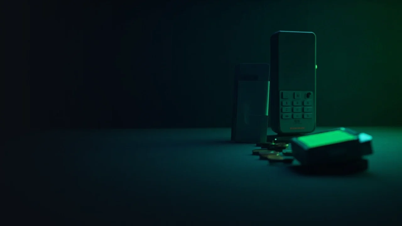 A dark desk with a blank terminal, a hardware wallet and coins in lime green light.