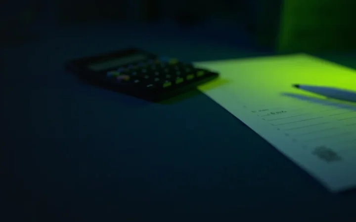 Un bureau bleu marine foncé avec une calculatrice vierge, un stylo et des formulaires vierges, éclairé par une lueur vert citron sur la droite.