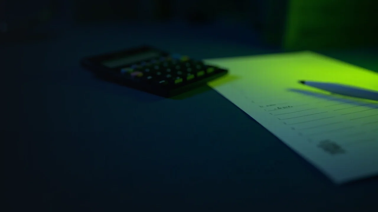 Un escritorio azul marino oscuro con una calculadora en blanco, un bolígrafo y formularios en blanco, iluminado por un resplandor verde lima a la derecha.