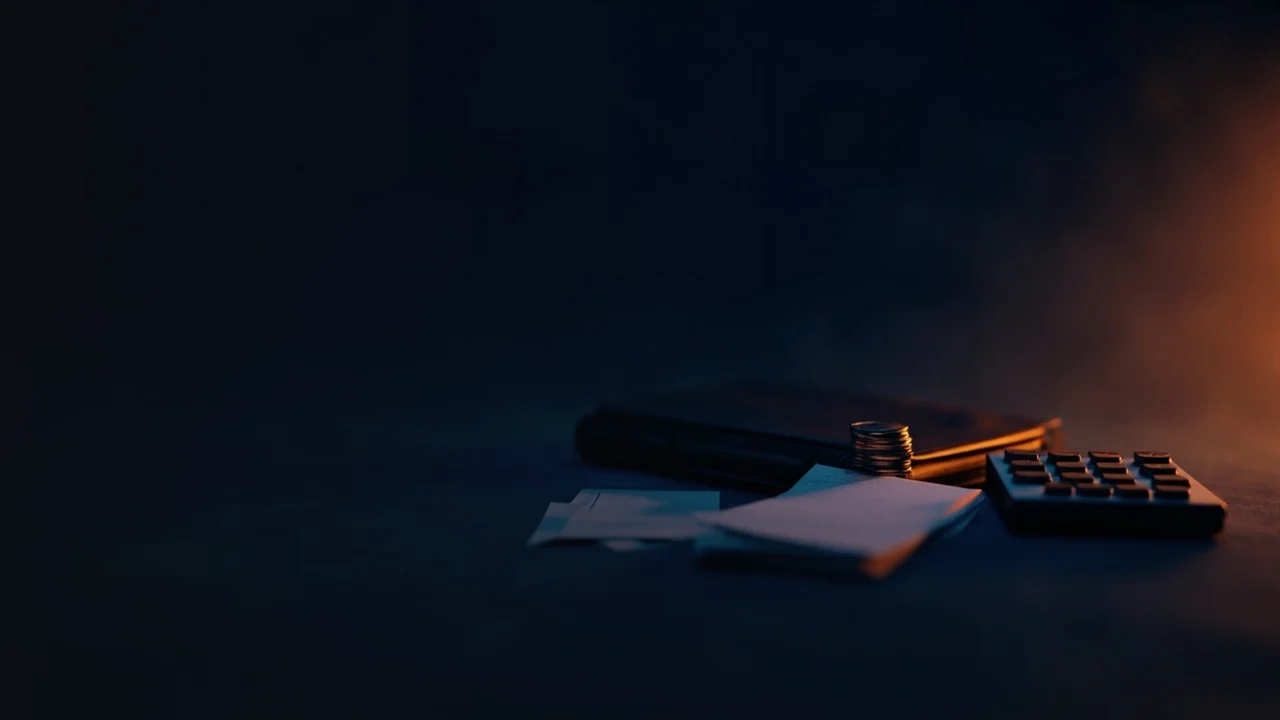 Ein dunkelblauer Schreibtisch mit leeren Token, einem Journal und einem Taschenrechner, beleuchtet von orangefarbenem Schein.