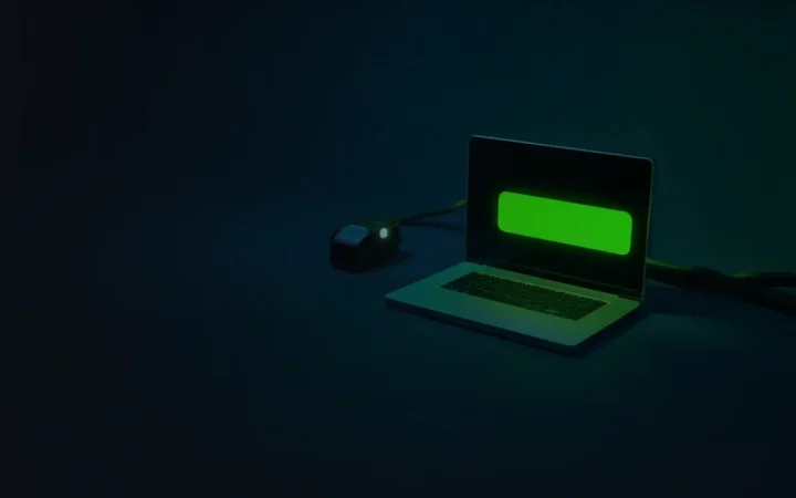 Bureau bleu marine foncé avec un ordinateur portable, un terminal de paiement et un câble à droite, vert lime lumineux, côté gauche vide.