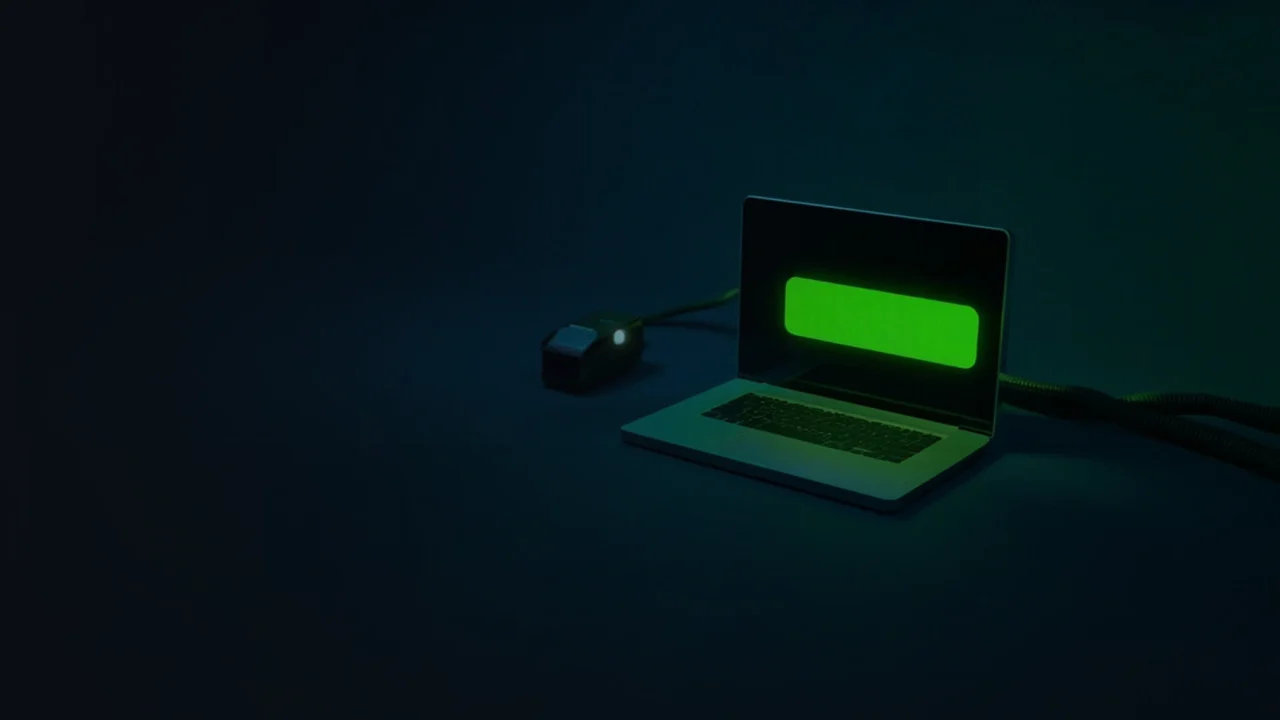 Escritorio azul marino oscuro con un portátil, un terminal de tarjetas y un cable a la derecha, verde lima brillante, lado izquierdo vacío.