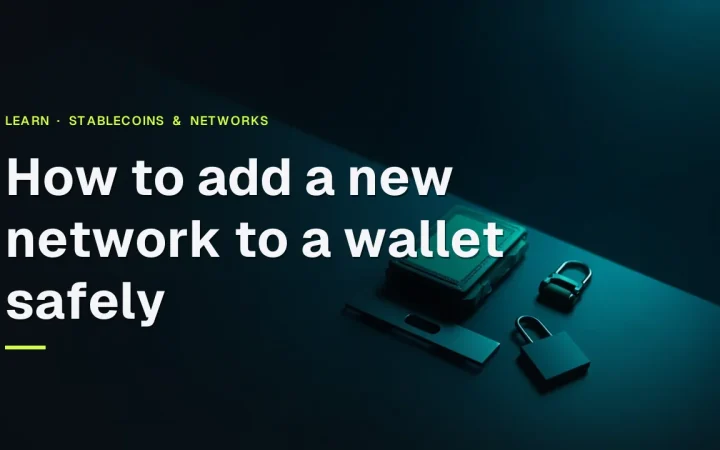 A hardware wallet with a blank screen, a steel plate and a padlock on a dark surface, with the guide title about adding a network safely.