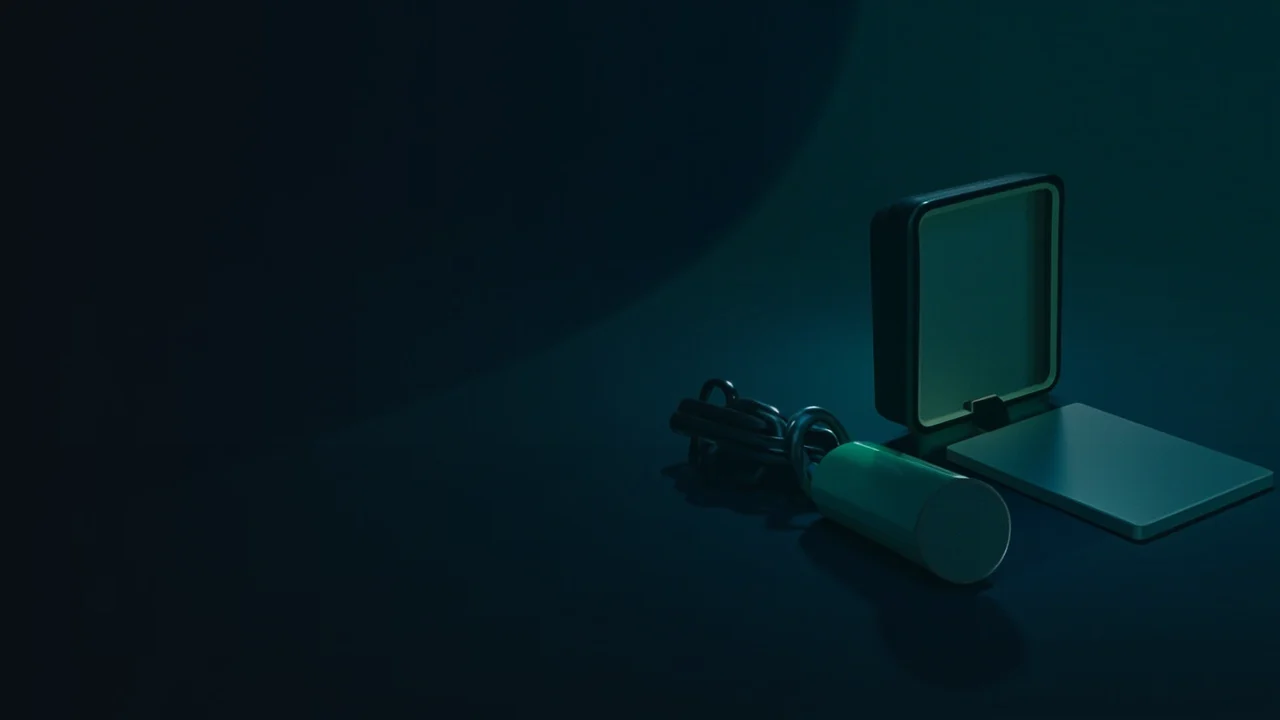 Eine Hardware-Wallet mit leerem Bildschirm, eine Stahlplatte und ein Vorhängeschloss auf einer dunklen Oberfläche.