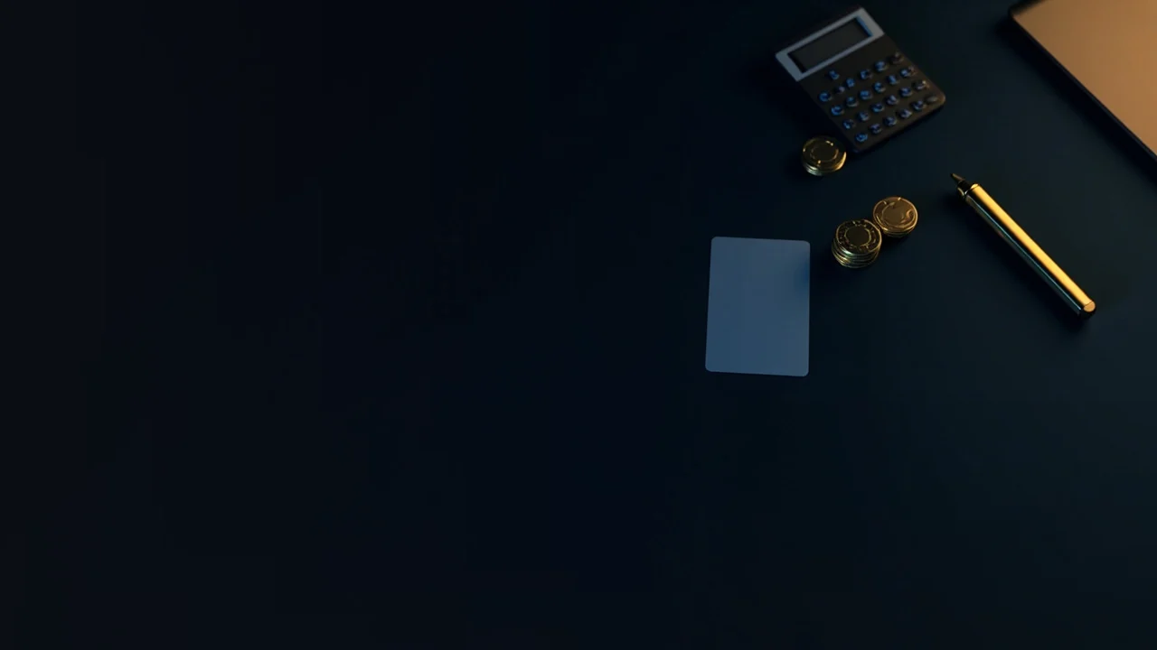 Ett mörkt skrivbord med en laptop, mynt, en miniräknare och en penna upplysta av guldkontraster.