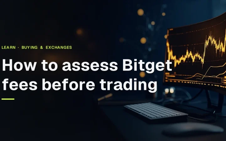 Bitget fees guide title over a dark navy desk with monitors showing glowing gold trading bars.