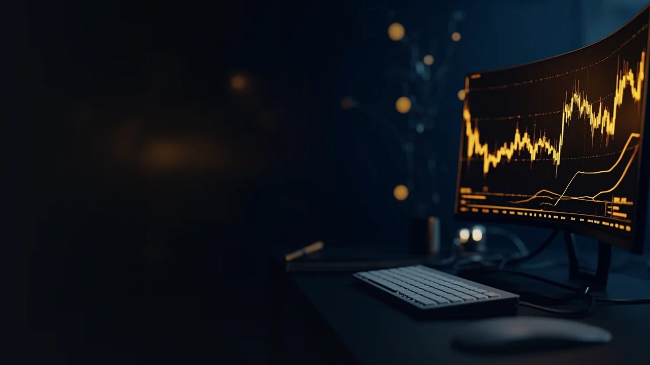 A dark navy desk with monitors showing glowing gold trading bars.