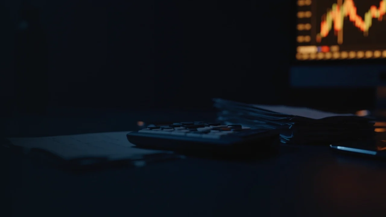 Un escritorio azul marino oscuro con una calculadora en blanco, tiras de papel, un bolígrafo y un monitor con barras doradas abstractas.