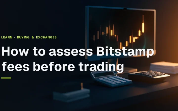 Der Titel des Ratgebers: Wie Sie die Bitstamp-Gebühren vor dem Handel einschätzen, über einem dunkelblauen Schreibtisch mit einem golden leuchtenden Chart und Taschenrechner