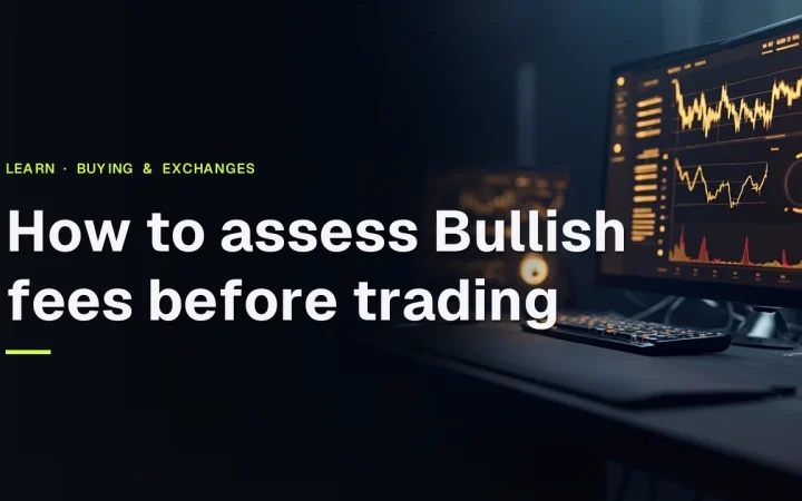 어두운 책상 위에 빛나는 금괴 차트와 다이얼이 있는 모습을 배경으로 한 Bullish 수수료를 거래 전에 평가하는 방법이라는 제목.