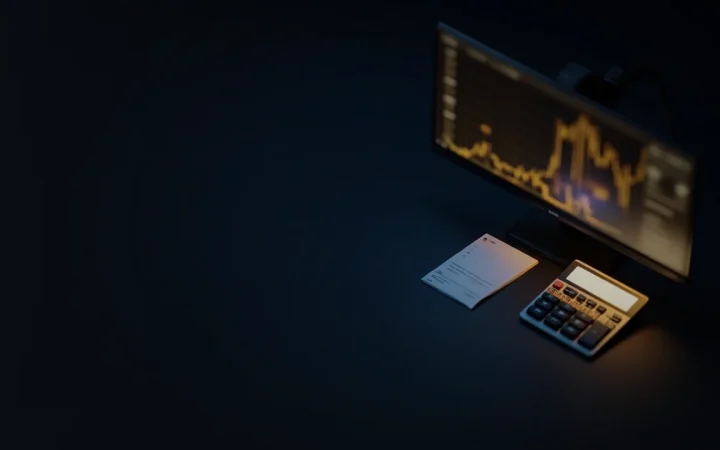 Un bureau sombre avec un écran lumineux, une calculatrice et un bordereau vierge dans une lumière dorée.