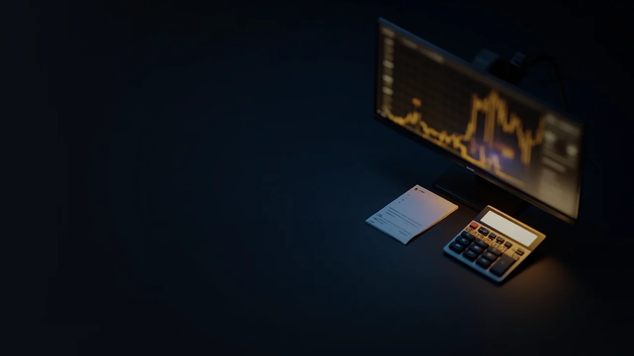 Un bureau sombre avec un écran lumineux, une calculatrice et un bordereau vierge dans une lumière dorée.