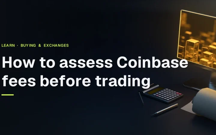 Der Titel 'Wie man Coinbase-Gebühren vor dem Handel bewertet' über einem dunklen Schreibtisch mit einem Monitor, Taschenrechner und Quittungspapier in goldenem Licht.