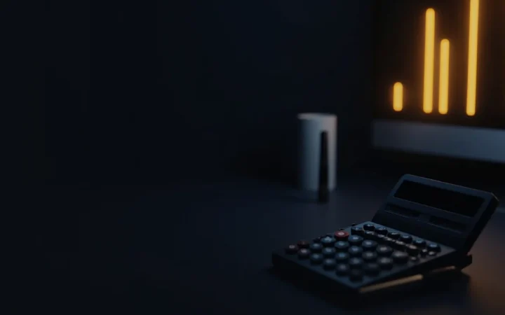 Un bureau sombre avec un écran, une calculatrice et du papier de reçu dans une lumière dorée.
