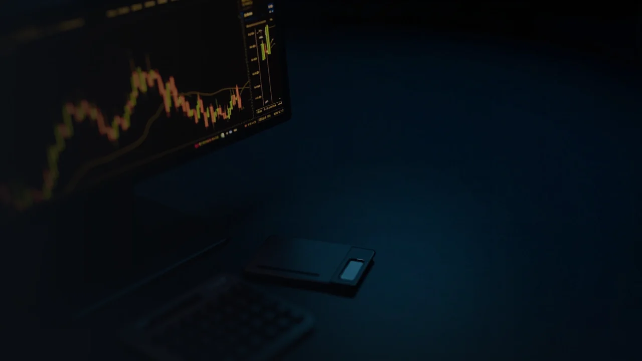Ein dunkelblauer Schreibtisch mit einem Monitor voller glühender Goldbarren, einer leeren Gebührenkarte und einem Taschenrechner, alles in der rechten Hälfte neben leerem Schatten.