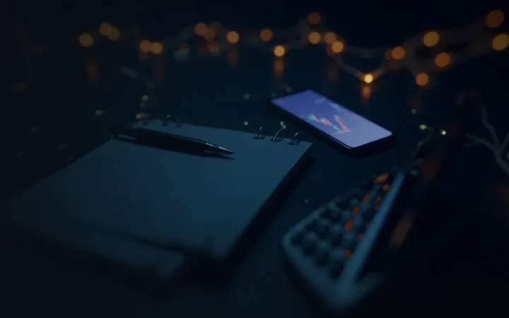 Un bureau sombre avec un téléphone affichant un graphique vide, un bloc-notes, un stylo et une calculatrice sous une lumière dorée.