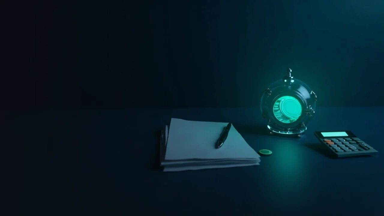 Ein dunkelblaues Hintergrundbild mit leeren Reserveberichten, einem Taschenrechner und einem gläsernen Tresor voller Münzen in türkisfarbenem Licht.
