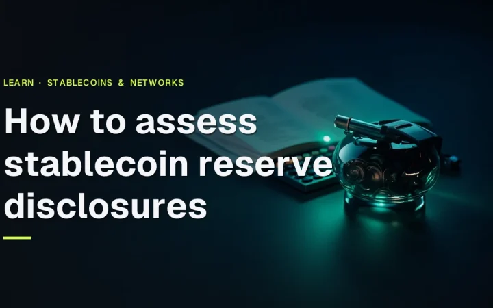 The guide title sits above a dark navy background with blank reserve reports, a calculator, and a glass vault of coins in teal light.