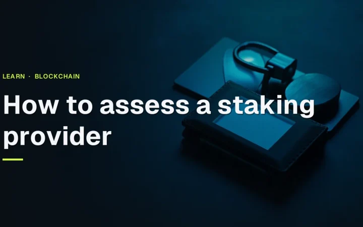 How to assess a staking provider title over a dark desk with a blank-screen hardware wallet, steel plate, padlock and shield in cyan light.