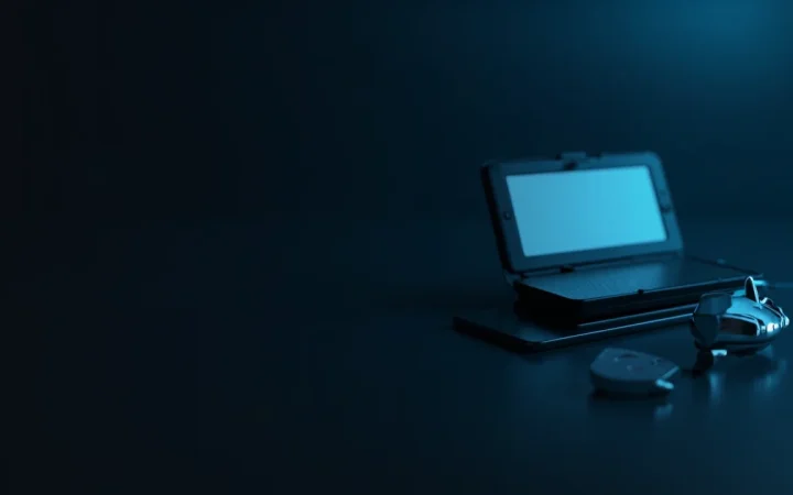 Et mørkt skrivebord med en hardware wallet med tom skærm, stålplade, hængelås og skjold i cyan lys.