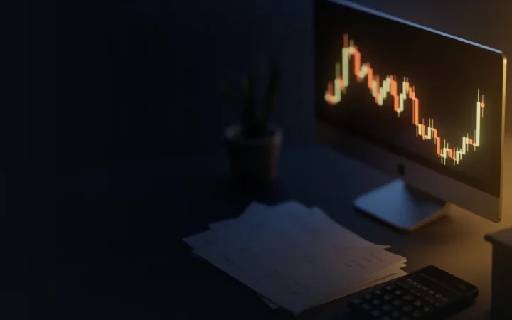 Un bureau sombre avec un écran affichant des lingots d'or lumineux, une calculatrice vierge et des formulaires vierges, sous une lumière chaude à droite.
