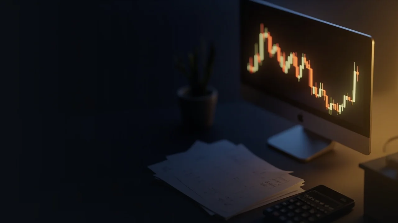 Un escritorio oscuro con un monitor de barras doradas brillantes, una calculadora en blanco y formularios en blanco, bajo una luz cálida a la derecha.