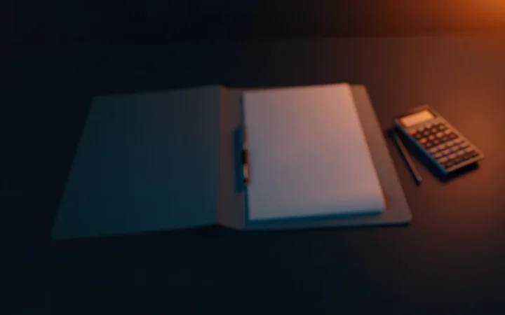 空白の申告書、閉じたフォルダ、電卓、ペンが置かれた暗い机。右側から温かいオレンジ色の光が差している。