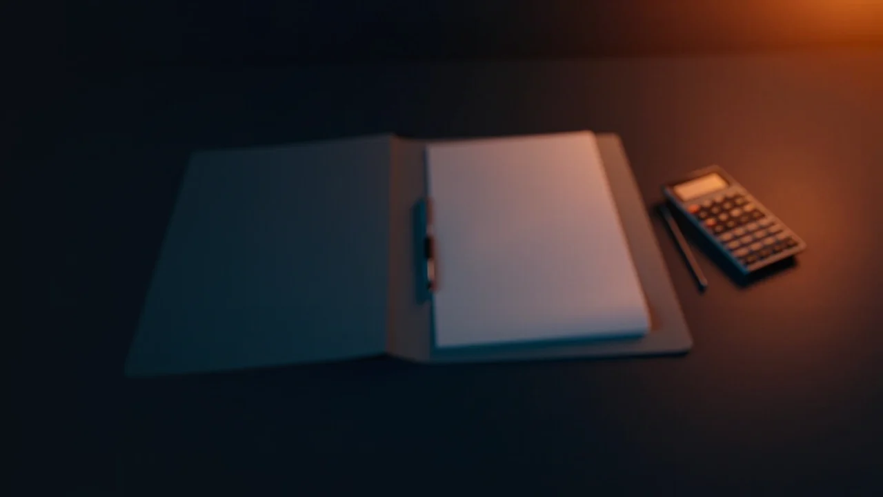 Ein dunkler Schreibtisch mit einem leeren Formular, geschlossenem Ordner, Taschenrechner und Stift, beleuchtet von einem warmen orangefarbenen Schein auf der rechten Seite.