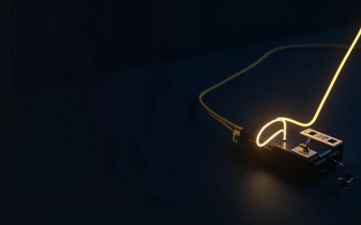 A dark navy background with a network switch and gold cables on the right.