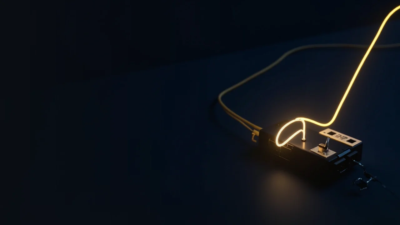 A dark navy background with a network switch and gold cables on the right.