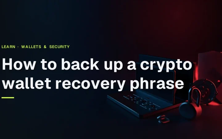 How to back up a crypto wallet recovery phrase, with a hardware wallet, steel plate, padlock and shield in the right half over a dark navy background.