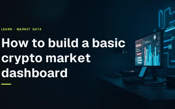 Titlen How to build a basic crypto market dashboard over et mørkt navy skrivebord med en skærm med glødende bjælker og skiver.