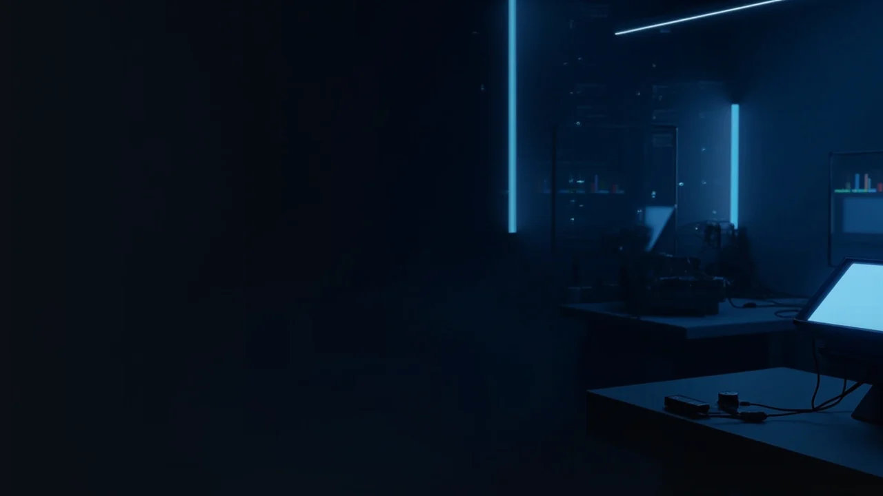 Un escritorio azul marino oscuro con un monitor de barras y diales luminosos.