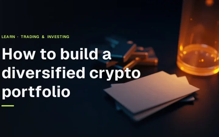 Titlen How to build a diversified crypto portfolio over et mørkt skrivebord med metalbjælker, en glasbeholder og tomme kort i orange lys.