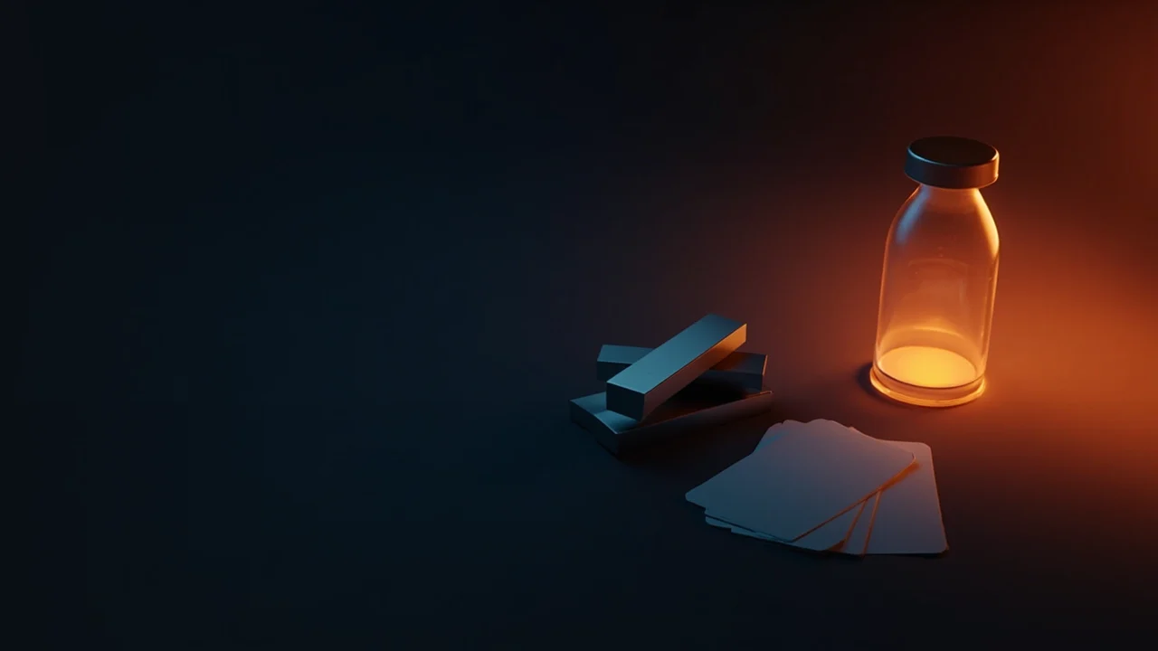 Un escritorio oscuro con barras metálicas, un recipiente de cristal y tarjetas en blanco bajo una luz naranja.