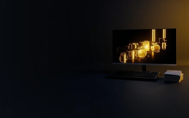 Fond bleu marine foncé avec un écran affichant des lingots d'or lumineux et un clavier vide.