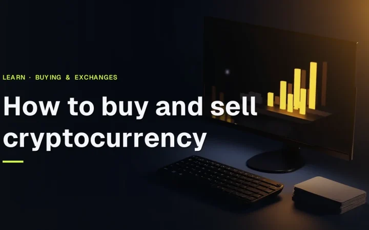 Dark navy cover with a monitor of glowing gold bars and a blank keypad, title 'How to buy and sell cryptocurrency'.