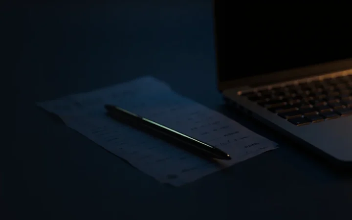 Ein dunkelblauer Schreibtisch mit einem Laptop, einem leeren Überweisungsträger und einem Stift, beleuchtet von weichem goldenem Licht auf der rechten Seite.