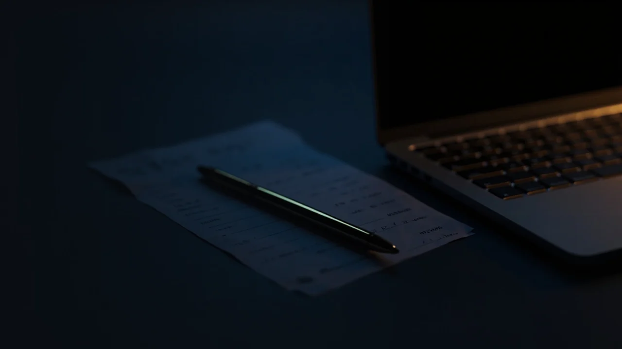 Un bureau bleu marine foncé avec un ordinateur portable, un bordereau de virement bancaire vierge et un stylo, éclairé par une douce lumière dorée sur la droite.