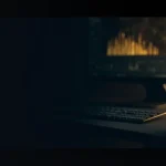 Et mørkt skrivebord med et tastatur, en skærm med glødende guldbarrer og en telefon.