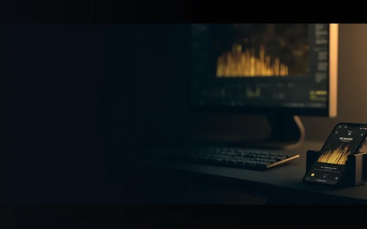 A dark desk with a keyboard, a monitor of glowing gold bars and a phone.