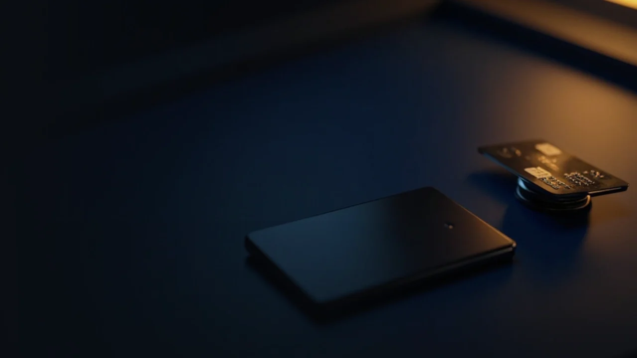 Ein dunkelblauer Schreibtisch mit einer eleganten Kreditkarte und einem flach liegenden Smartphone, beide mit leeren leuchtenden Bildschirmen.